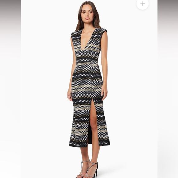 elliatt margie black & white tweed chevron deep v slit midi dress size small NEW - Picture 5 of 16